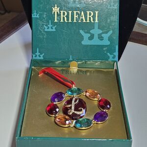 *Sale* Crown Trifari Initial “L” Christmas Tree Ornament In Box Gold Colorful